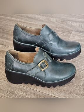 B9 Fly London Teal Green Leather Wedge Shoe Women’s EU40 US 9-9,5 Comfort